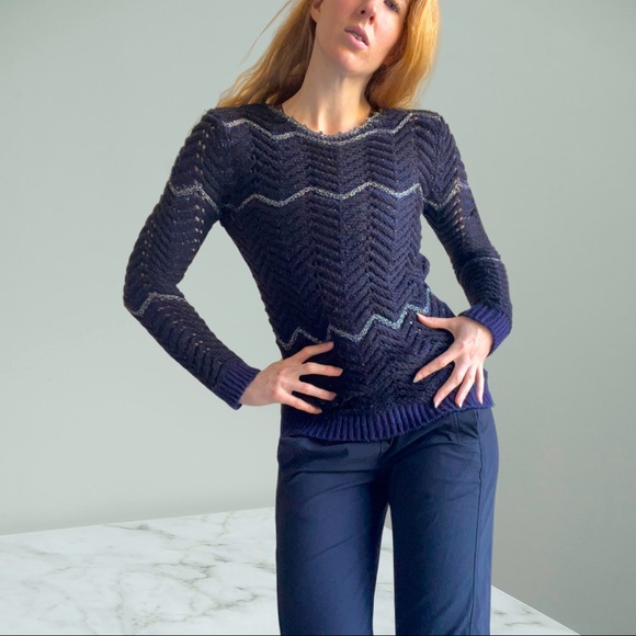 Portmans Sweaters - PORTMANS black knitted sweater, size small, metallic silver, black and navy